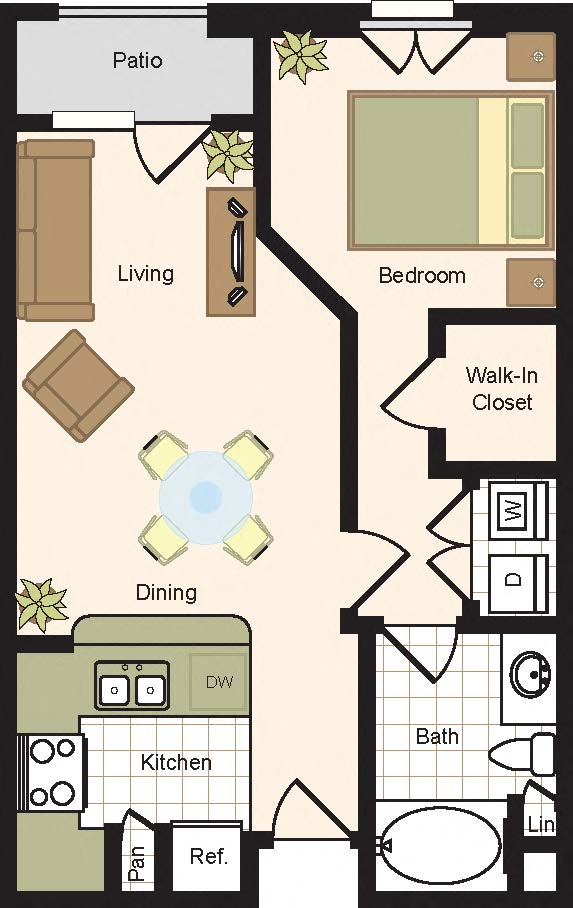 Floor plan for 1 bed, 1 bath, 737 sqft